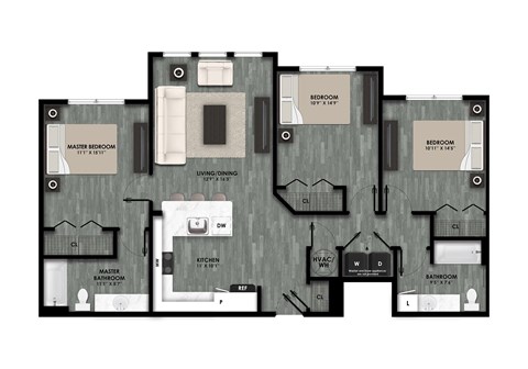 Floor plan for 3 beds, 2 baths, 1185 sqft